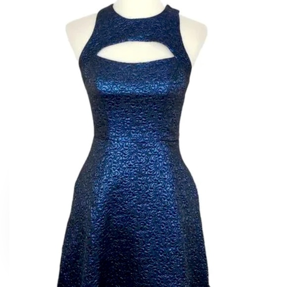 ABS Womens Blue Open Back Embroidered Metallic Flare Mini Dress Size 2 - Picture 1 of 6